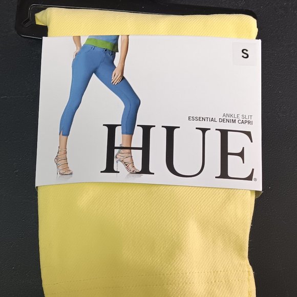 HUE Zest Yellow Essential Denim Capri Leggings Sz Small U18756 Ankle Slit - Picture 1 of 4